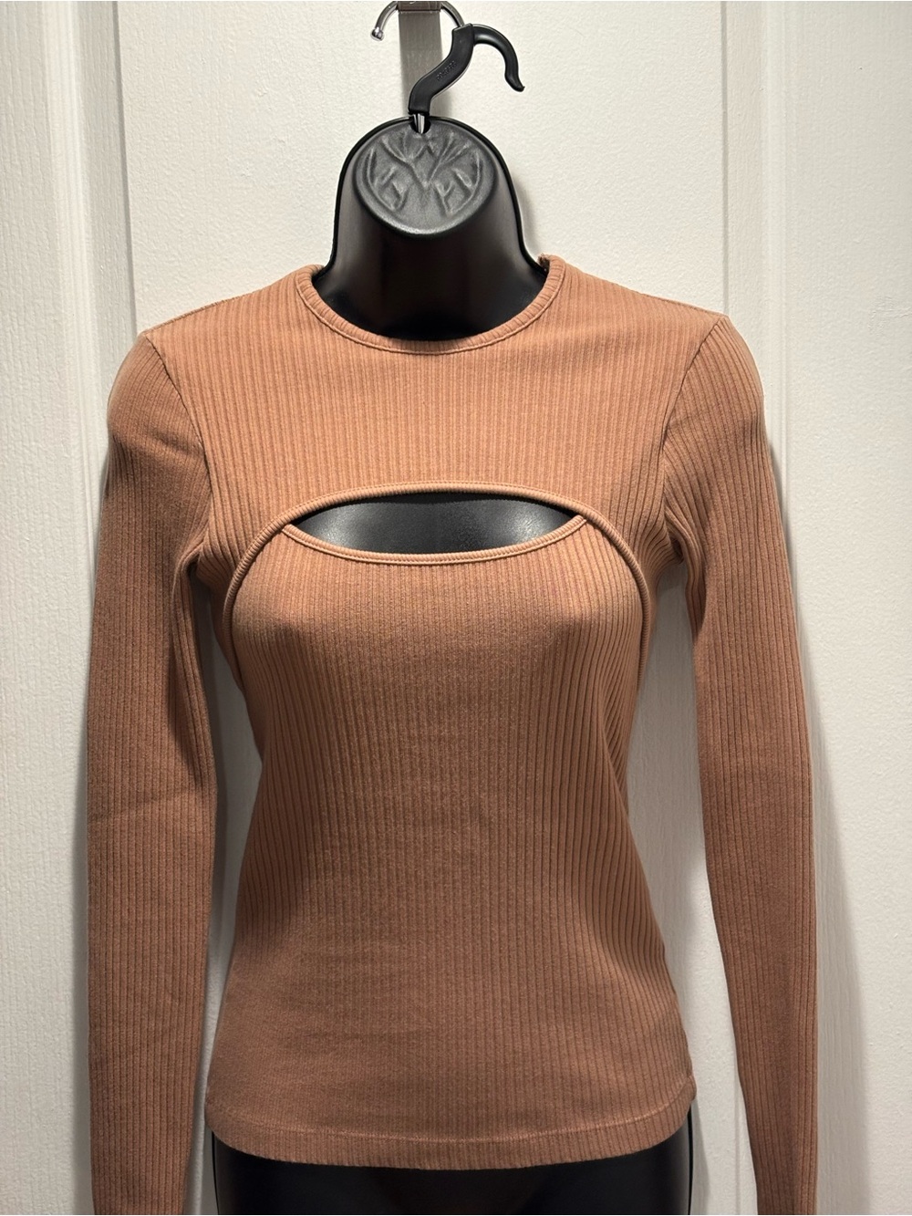Agolde Organic Cotton Ribbed Cutout Bodycon Stretch Top Skin Tone Neutral size S